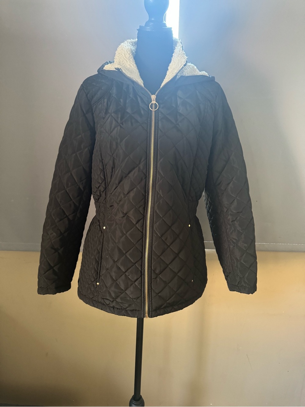 Cavalini Black Quilted Hooded Puffer with White Sherpa Trim